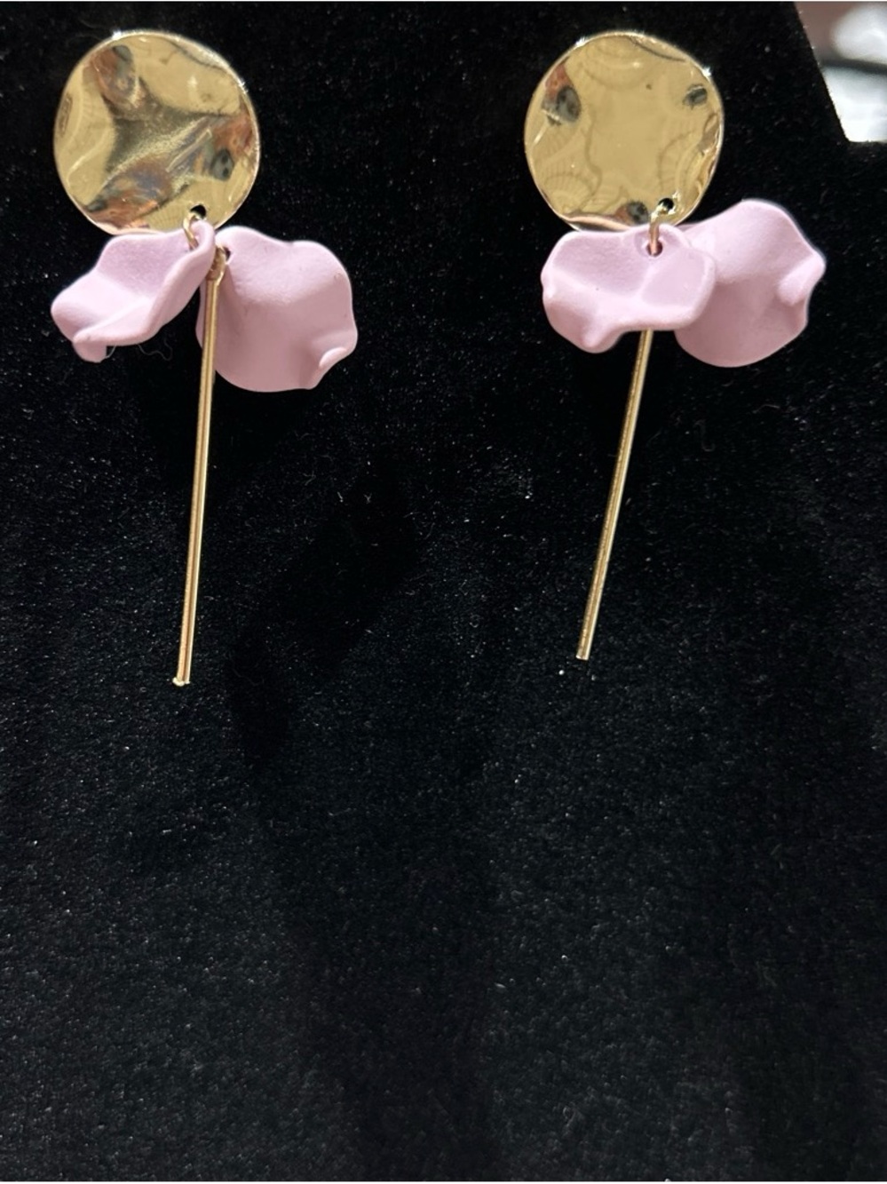 Pink Floral Drop Earrings - Gold Tone